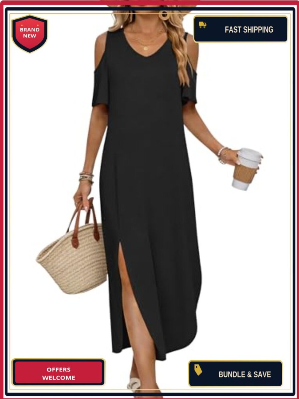 Women's Cold Shoulder Maxi Dress Short Sleeve V-Neck Lightweight Casual Summer